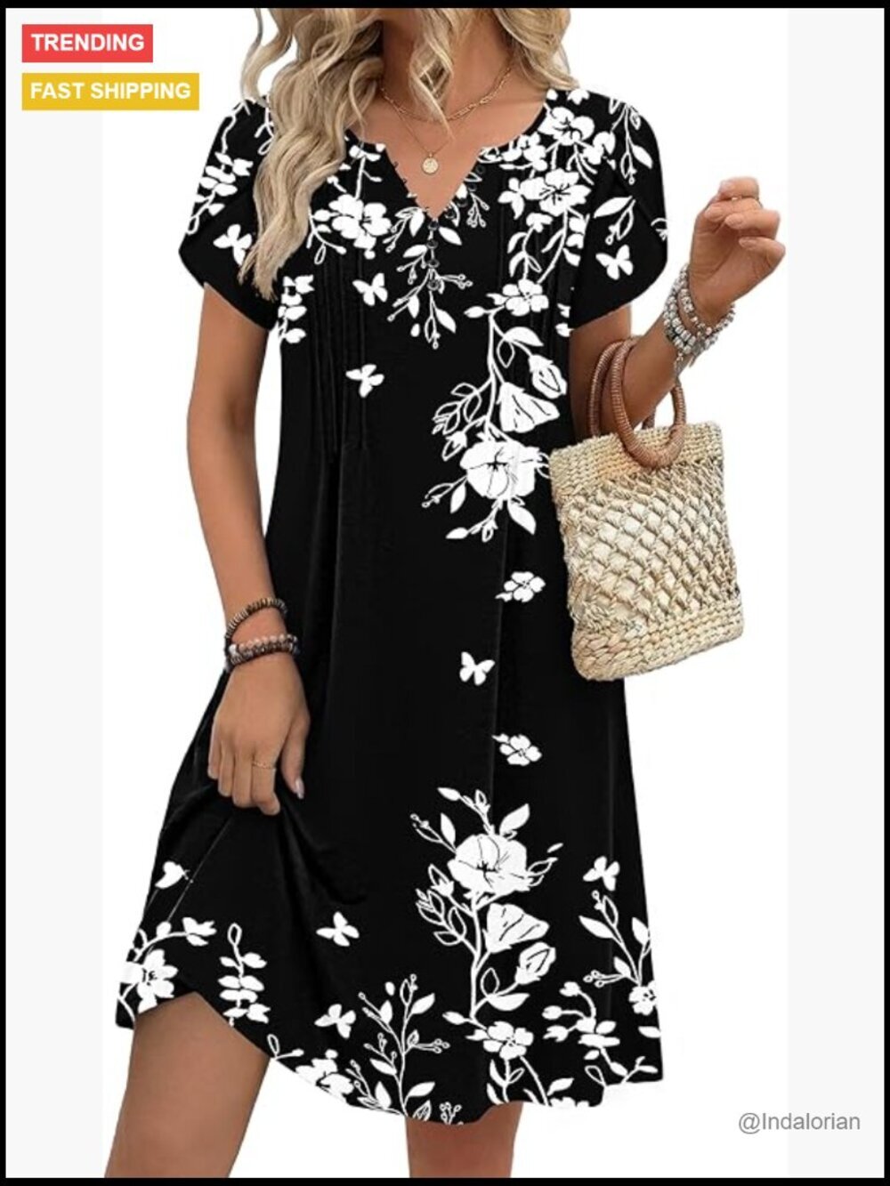 Casual A-Line Mini Dress with Pockets Floral V-Neck Short Sleeve Summer Sundress
